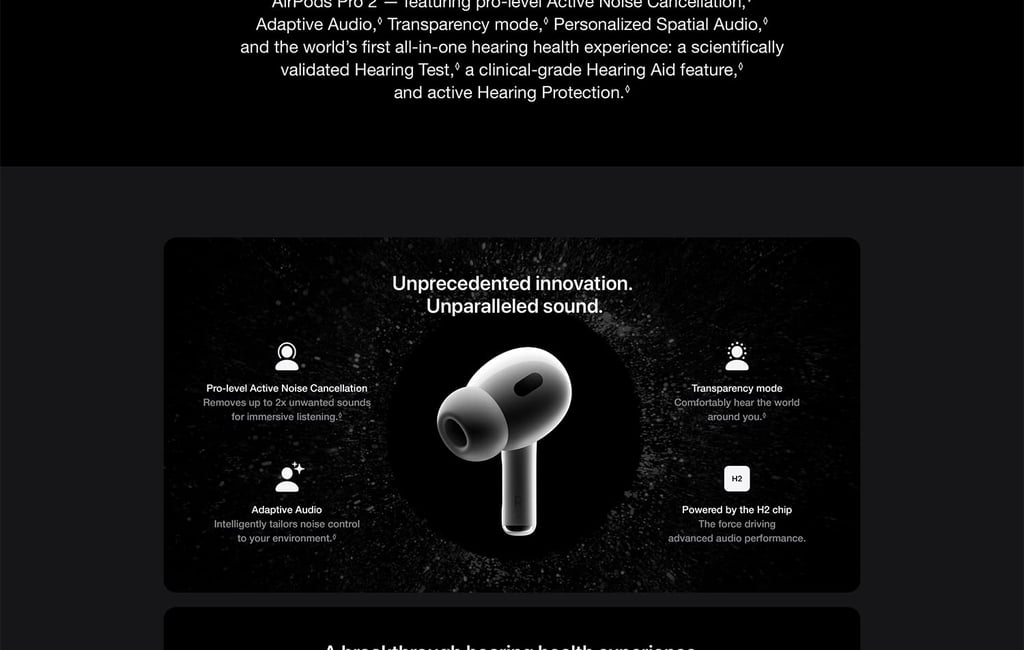 Apple AirPods Pro (2nd Generation) highlighting pro-level Active Noise Cancellation, Adaptive Audio, Transparency mode, and the H2 chip on a dark, high-contrast background.