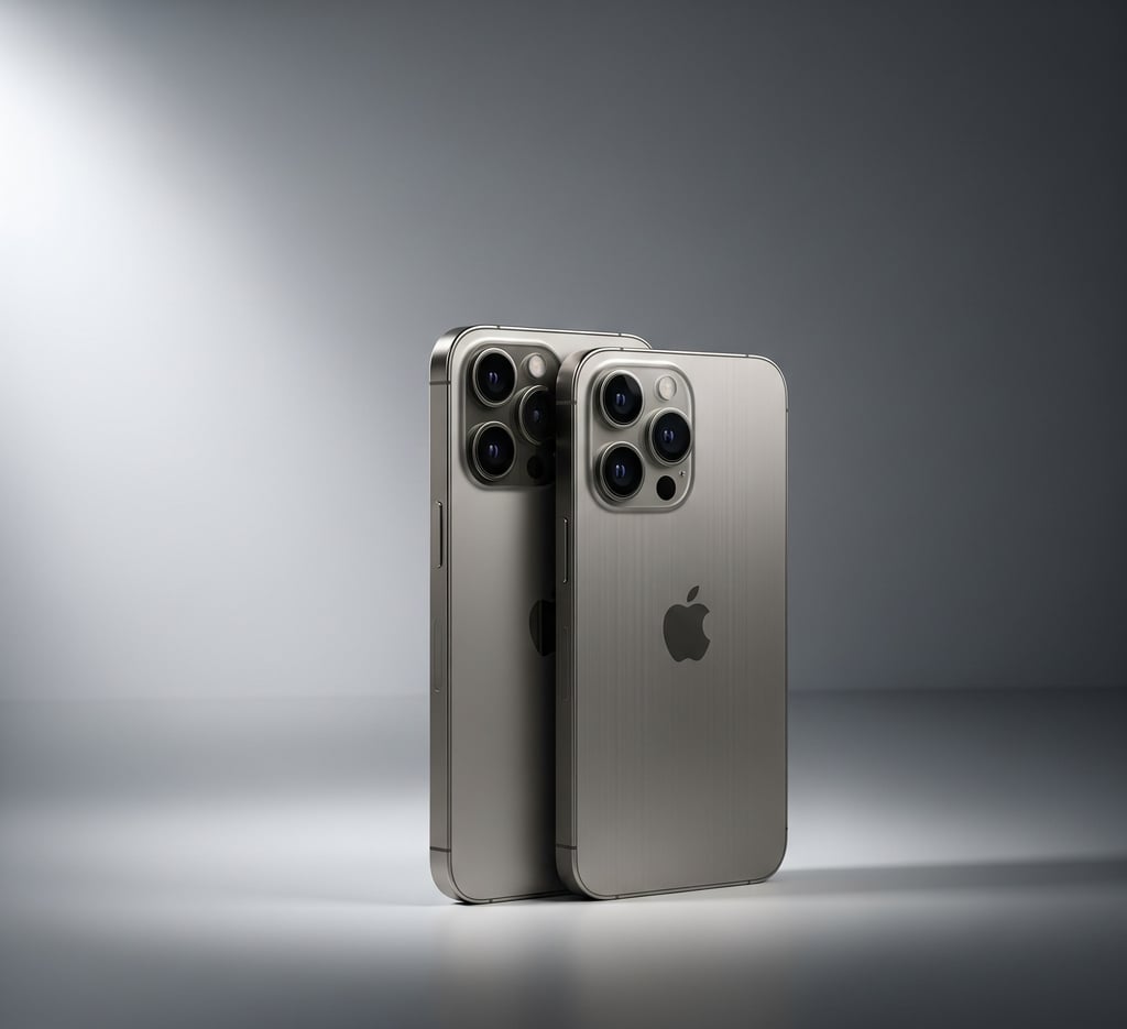 An ultra-realistic, professional product photo of the iPhone 15 Pro and iPhone 15 Pro Max in a natural titanium finish, placed back-to-back on a light gray surface with a spotlight in the background.