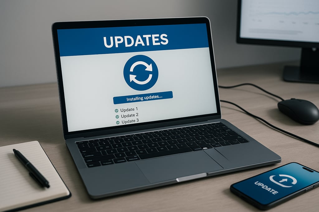 Laptop, smartphone, and external drive connected, all displaying update and backup icons, symbolizing modern update management tools.
