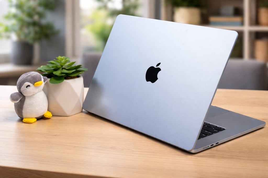 Silver Apple MacBook Air on a wooden desk beside a small plush penguin and a potted succulent, with a softly blurred indoor background.