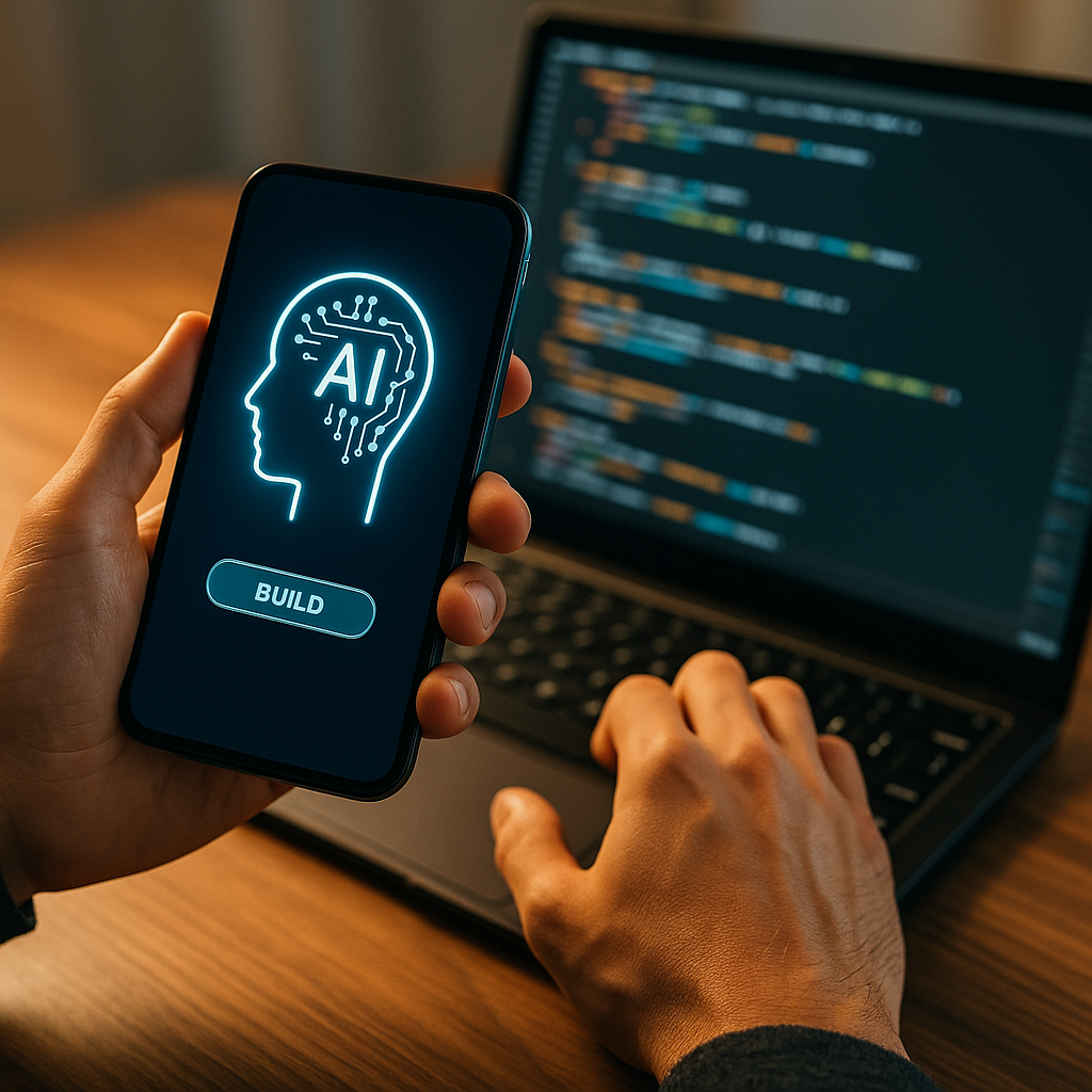A developer’s hands at a wooden desk holding a smartphone displaying a glowing AI icon and ‘BUILD’ button, while the other hand types code on a laptop screen—captured in soft, studio-lit, ultra-realistic professional lighting.