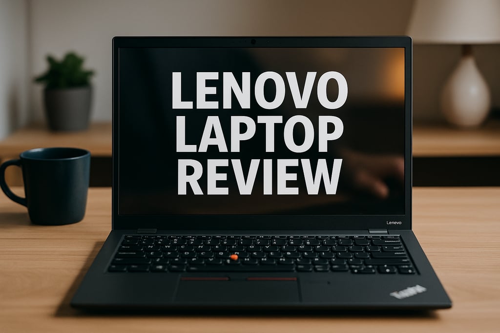 A Lenovo laptop open on a wooden desk with the text ‘Lenovo Laptop Review’ on its screen in bold white letters