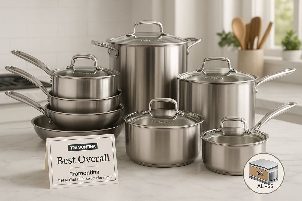 Tramontina Tri-Ply Clad 10-piece stainless steel cookware set on a marble countertop, with matching glass lids, riveted handles, and a “Best Overall” placard; soft daylight in a modern kitchen.
