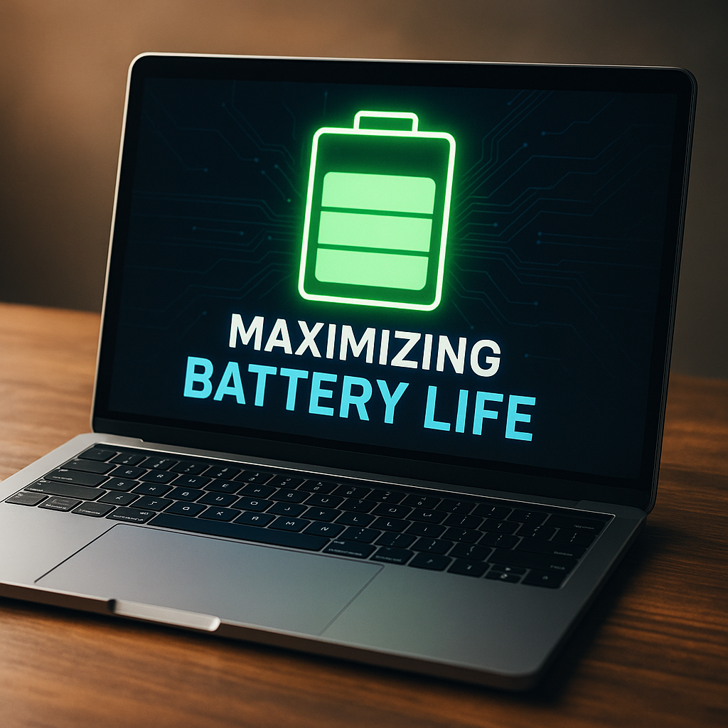 Ultra-realistic professional image of a modern silver laptop on a wooden desk. The laptop screen displays a glowing green battery icon with the bold text 'Maximizing Battery Life,' symbolizing energy efficiency and longer laptop usage.