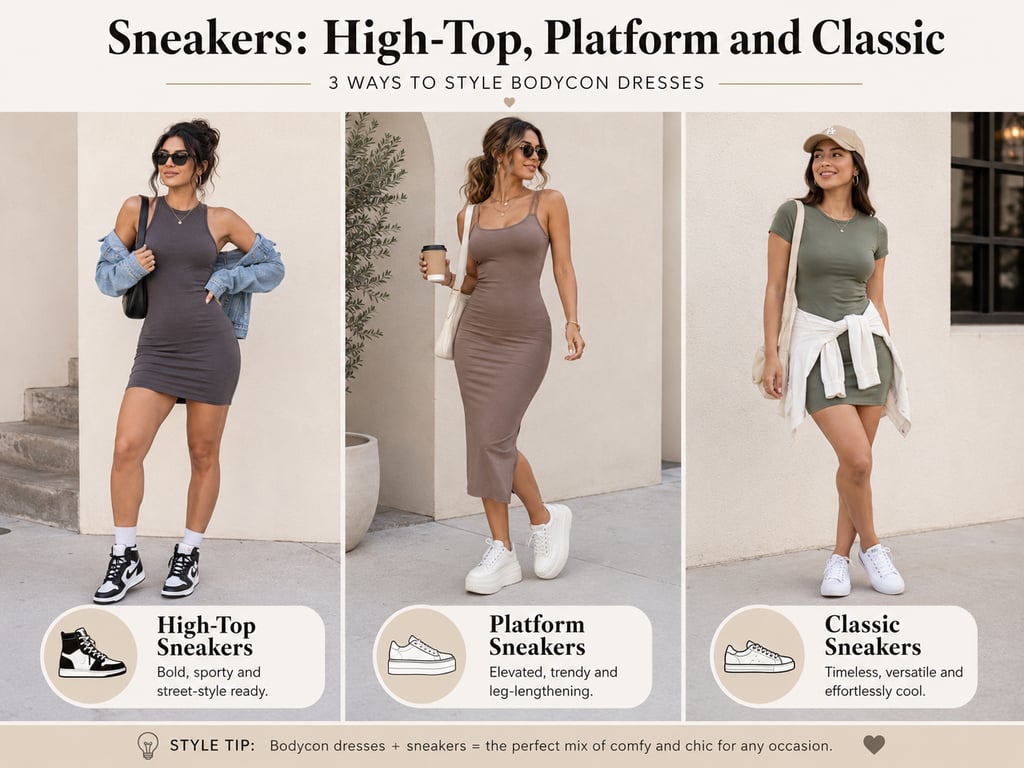 Sneaker style guide infographic showing high-top sneakers, platform sneakers, and classic sneakers paired with bodycon dresses for casual outfit ideas