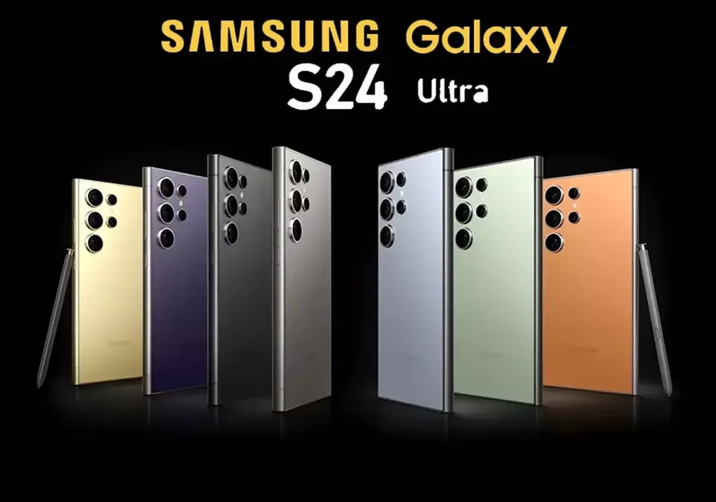 Samsung Galaxy S24 Ultra color lineup on a dark background: multiple phones standing at angles in gold, purple, titanium gray, silver, green, and orange finishes, with S Pens placed at both ends.
