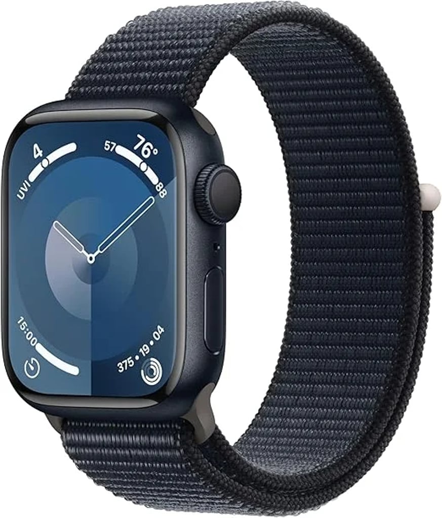 Apple Watch Series 9 in midnight aluminum with a dark sport loop band, display showing a minimalist analog watch face