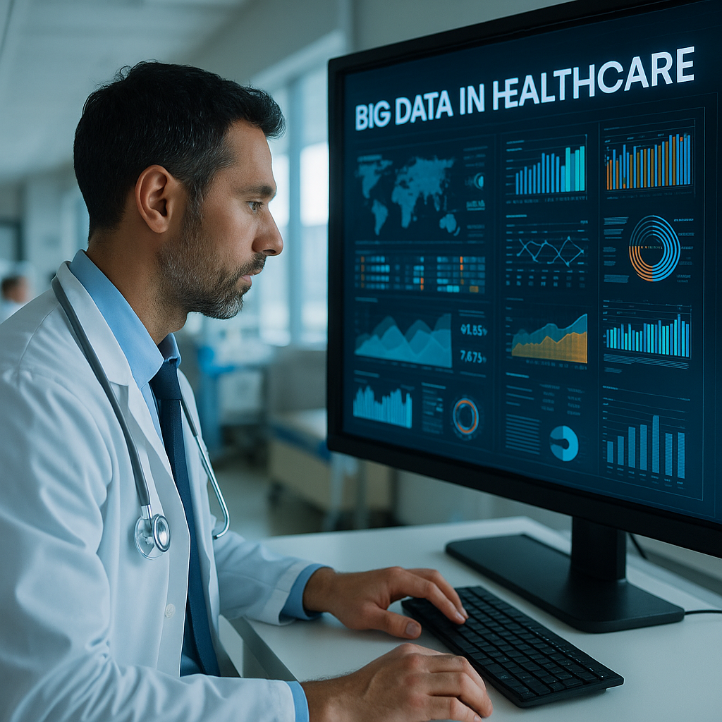 Healthcare professional reviewing complex big data visualizations on a digital dashboard, illustrating big data applications in modern healthcare