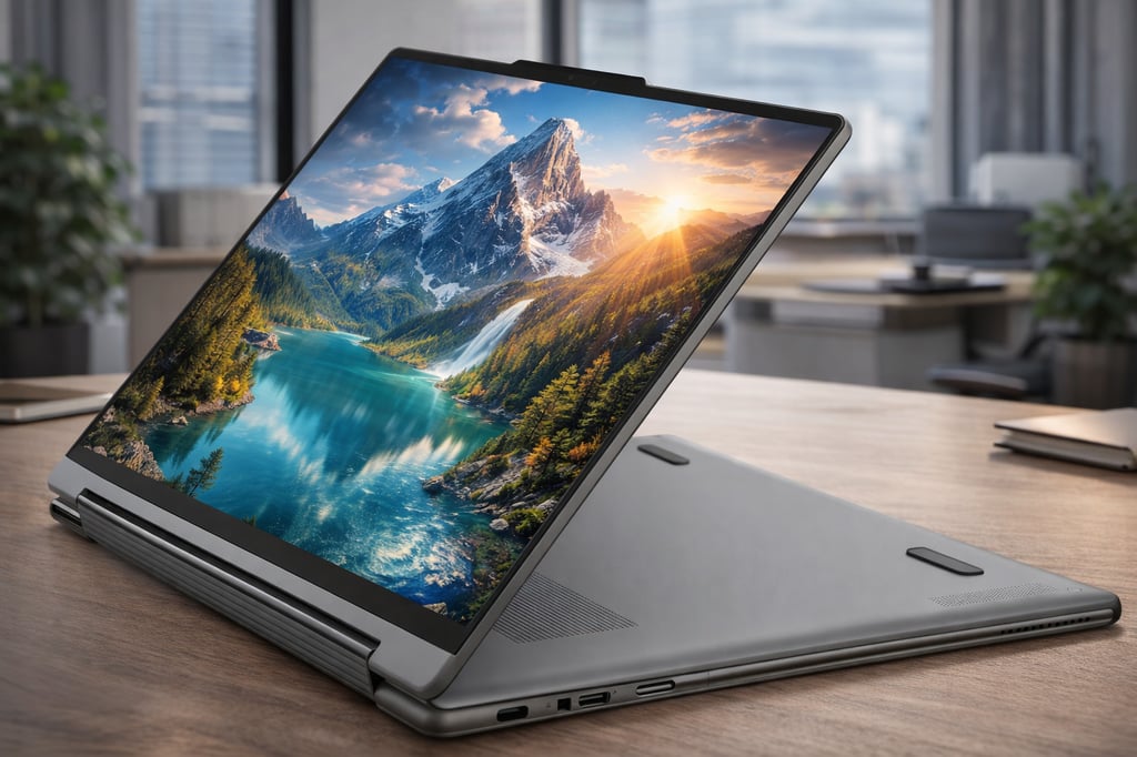 Lenovo Yoga 9i 2-in-1 Aura Edition in presentation mode on a modern office desk, with the display showing a bright mountain, lake, and waterfall landscape wallpaper.