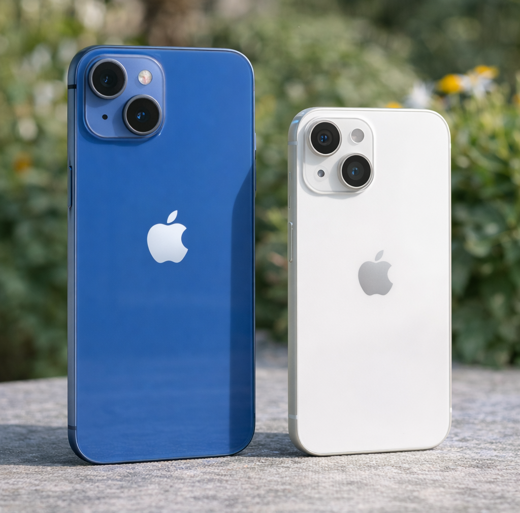 Apple iPhone 13 and iPhone 13 mini shown side by side on a stone surface, featuring blue and white finishes with dual-camera systems and Apple logos, set against a soft green outdoor background.