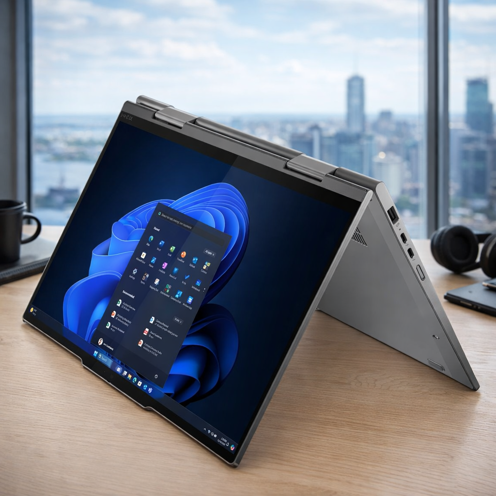 Ultra-realistic image of the Lenovo ThinkPad X1 2-in-1 Gen 11 Aura Edition in tent mode on a clean wooden office desk with a bright city-view background, showing the Windows 11 display in a modern professional workspace.