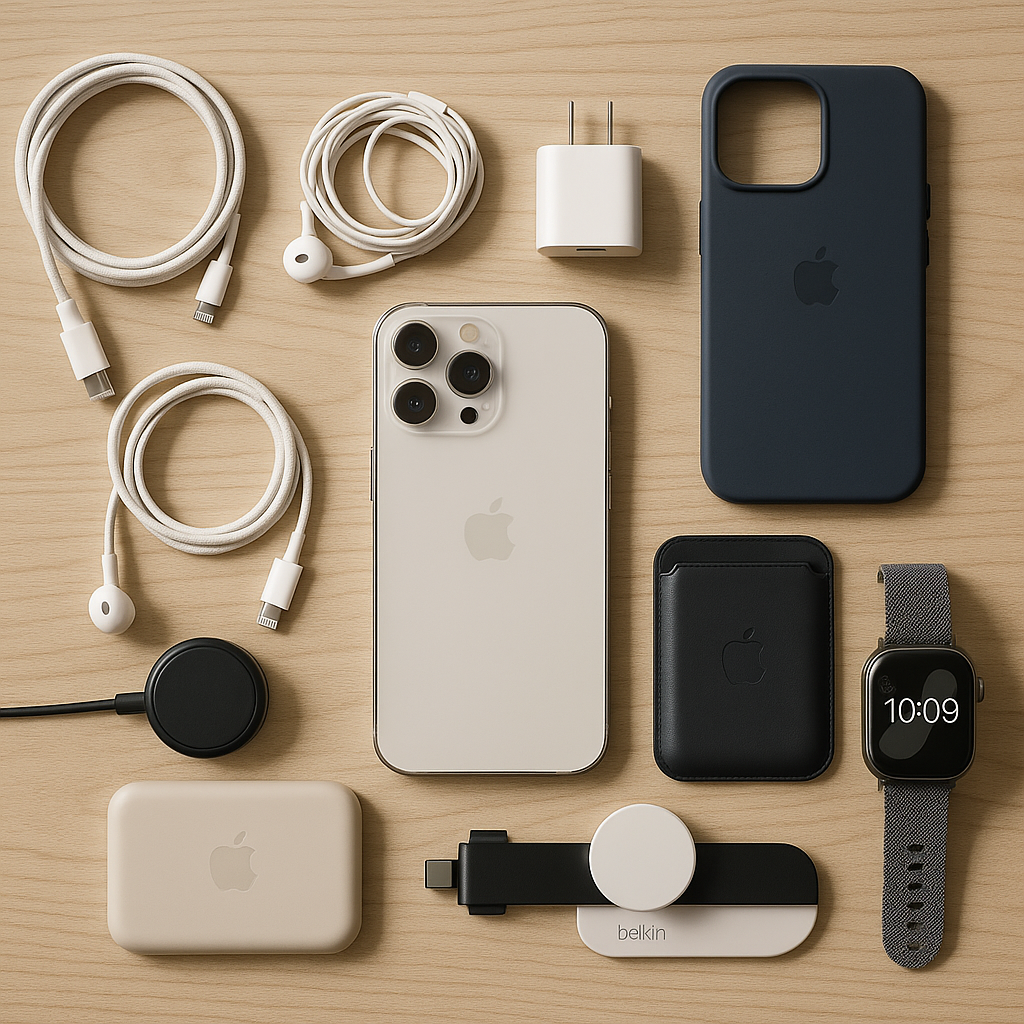Flat-lay of the best iPhone accessories arranged neatly on a wooden desk: a silver iPhone, MagSafe charger puck, braided USB-C and Lightning cables, charging brick, dark blue case, black leather MagSafe wallet, Apple Watch with woven strap, AirPods case, and a Belkin multi-device charging dock.