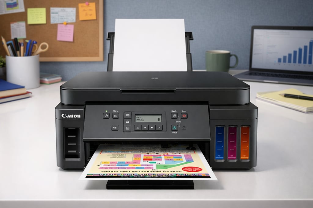 Canon refillable ink-tank printer on a white desk in a modern home office, printing a colorful page; a cork bulletin board with sticky notes, a laptop with a chart on screen, a mug, and stationery appear in the background.