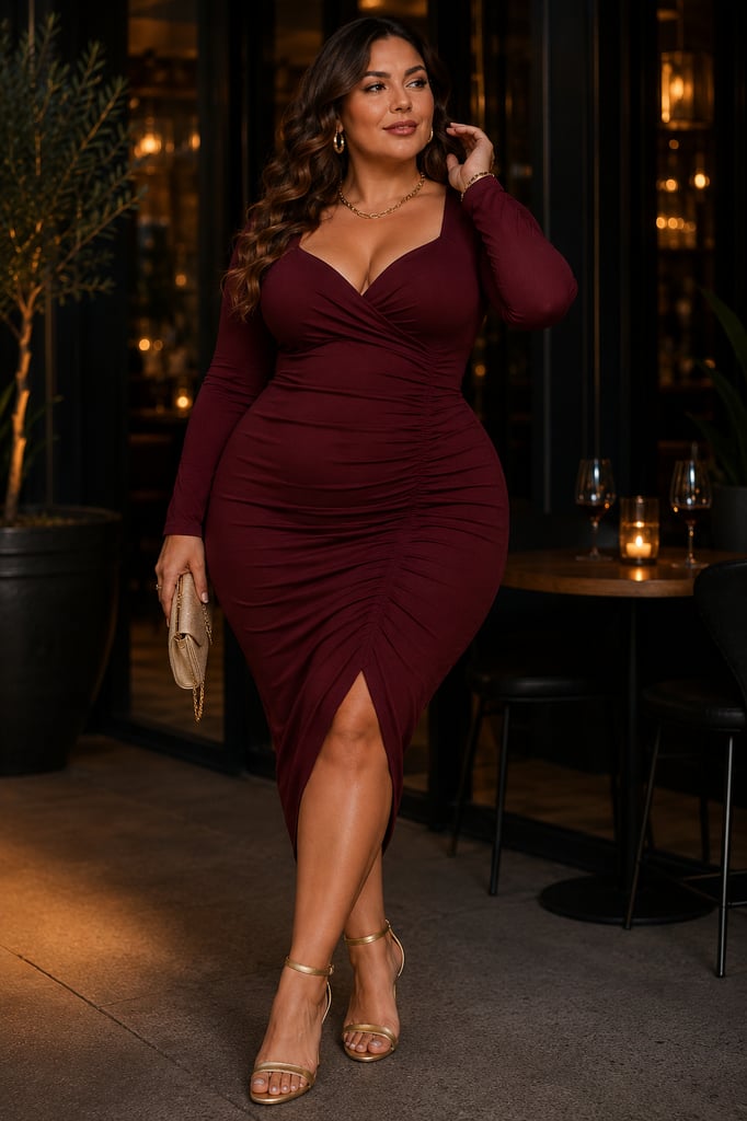 Plus size woman wearing a burgundy date night bodycon dress with gold heels, clutch bag, and gold accessories in an elegant evening setting