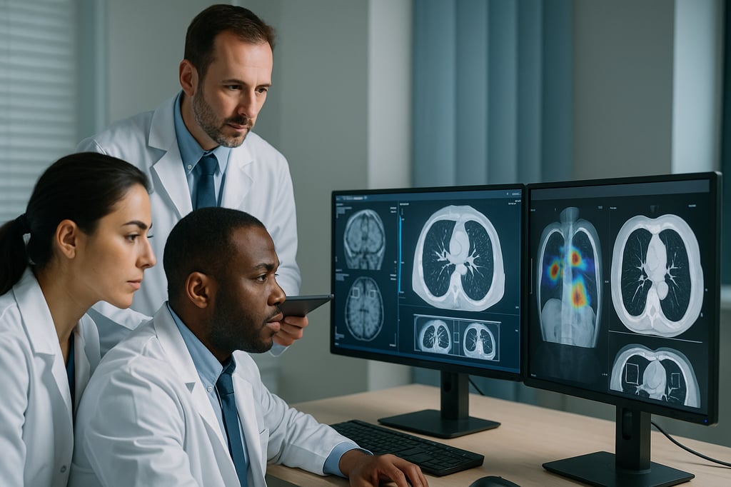 Radiologists review CT and PET-CT lung scans on dual monitors, using AI heatmaps to assist diagnosis in a modern imaging suite.