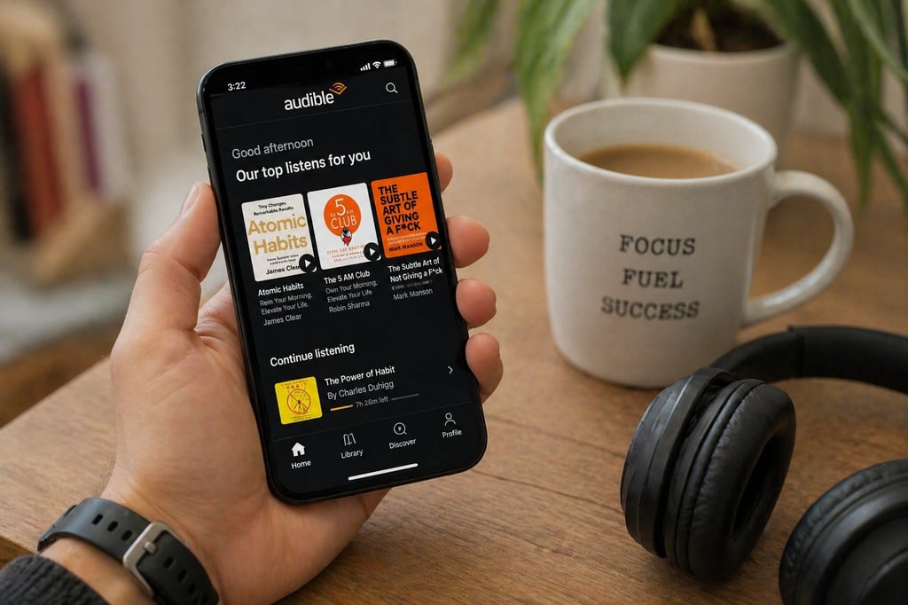 Smartphone showing Audible audiobook app with headphones and coffee on desk representing Audible review 2026 pros cons and user experience
