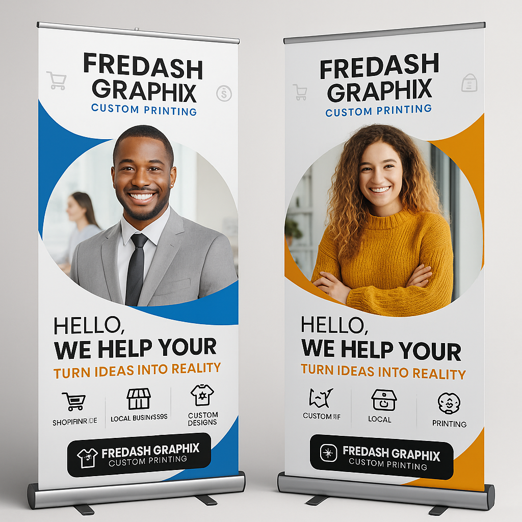 Promotional digital graphic featuring Fredash Custom Printing as a bold header with vibrant colors and modern design elements, showcasing custom printing services visually appealing for marketing use.