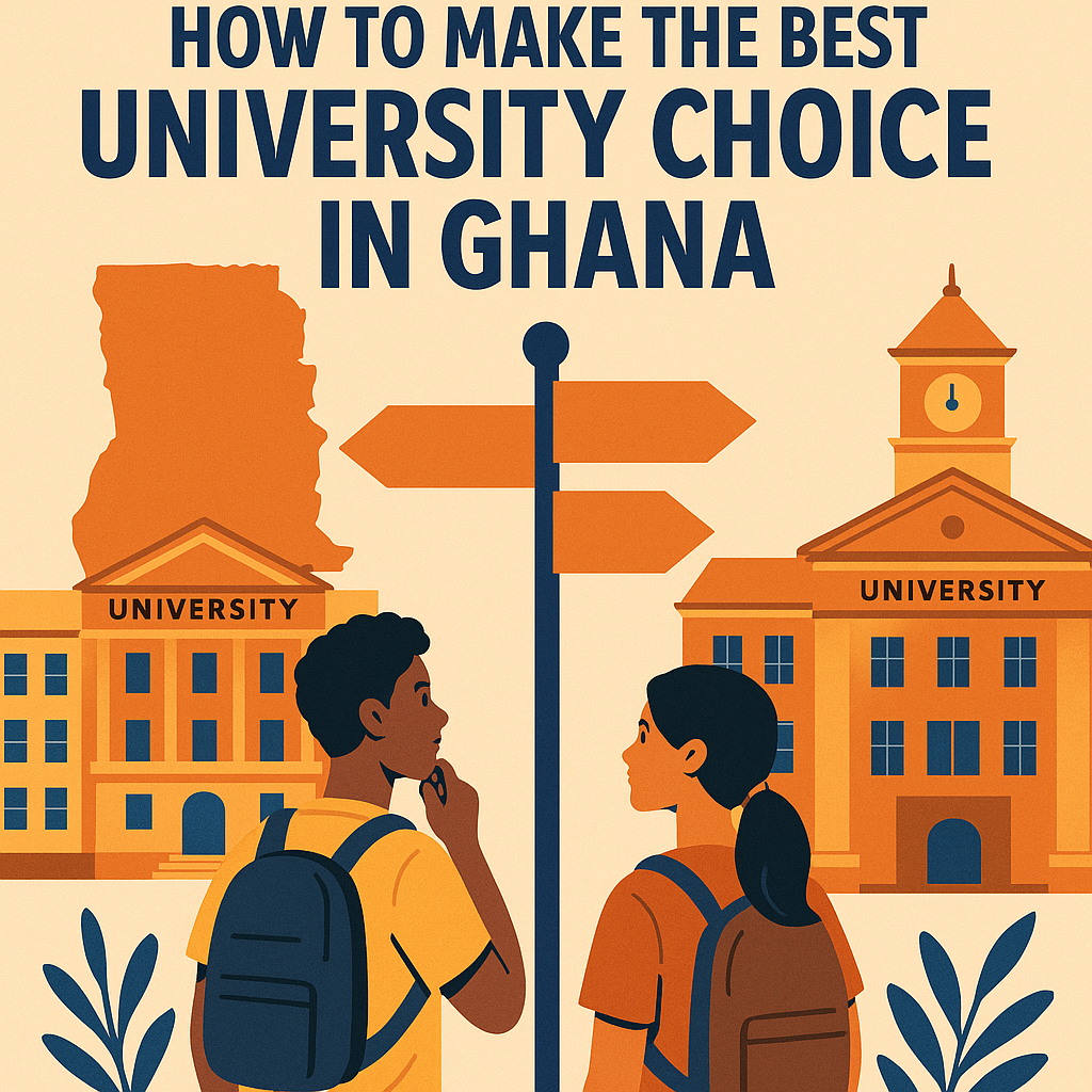 Illustration: Two students standing before university buildings in Ghana, contemplating their best university choice