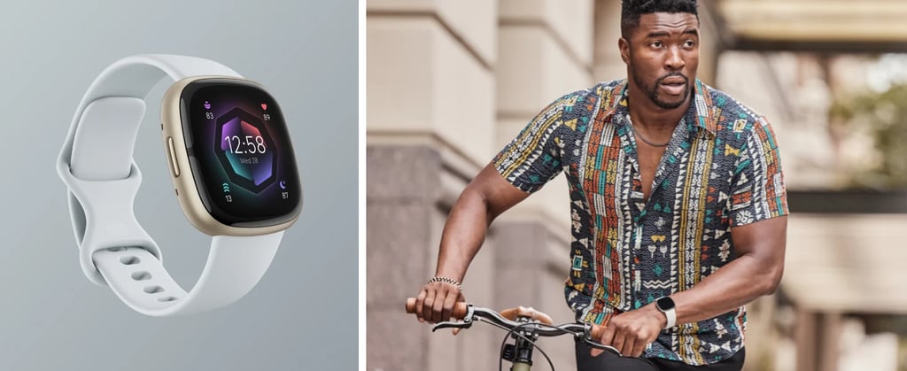 Left side: Fitbit Sense 2 Advanced Health Smartwatch in gold and white, displayed at an angle to show its sleek case, curved screen, and fitness tracking display. Right side: A man wearing a colorful patterned shirt rides a bicycle in an urban setting, wearing the Fitbit Sense 2 on his wrist.