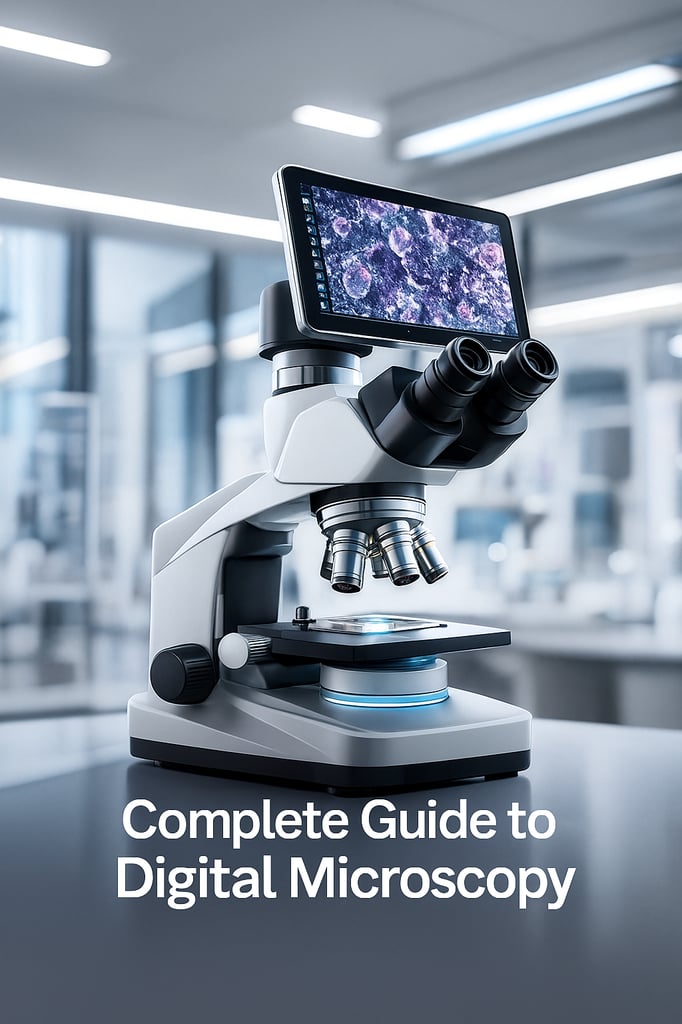 Ultra-modern digital microscope in a sleek, futuristic laboratory, used as a cover image for the Complete Guide to Digital Microscopy.