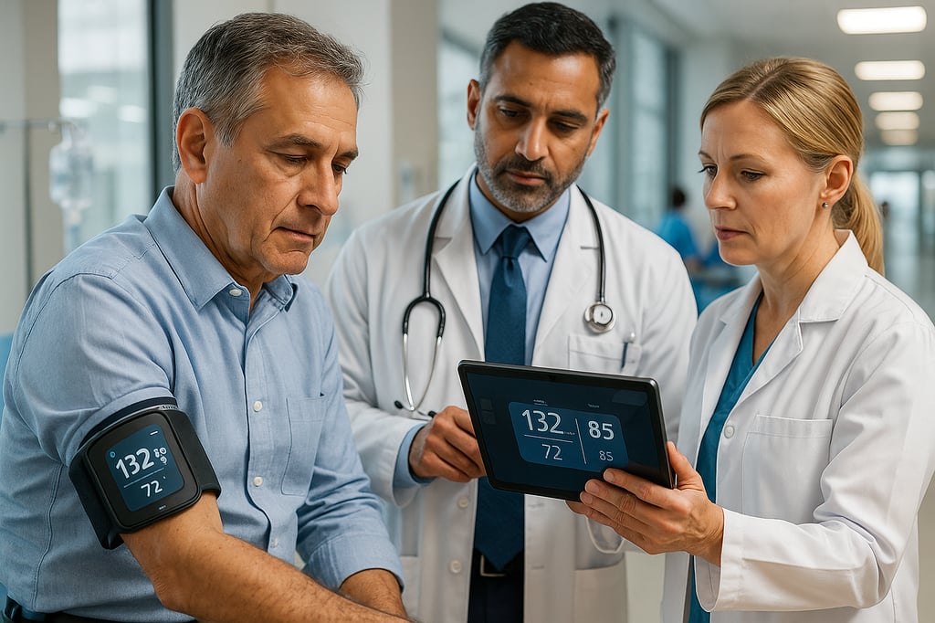 South Asian male doctor and Caucasian female doctor reviewing blood pressure readings on a tablet while a male patient wears a wearable blood pressure monitor in a modern hospital room
