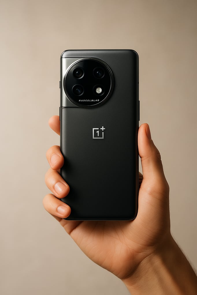 Ultra-realistic professional photo of a OnePlus 12 smartphone held in a well-lit studio setup with soft, diffused lighting highlighting its sleek design and circular camera module