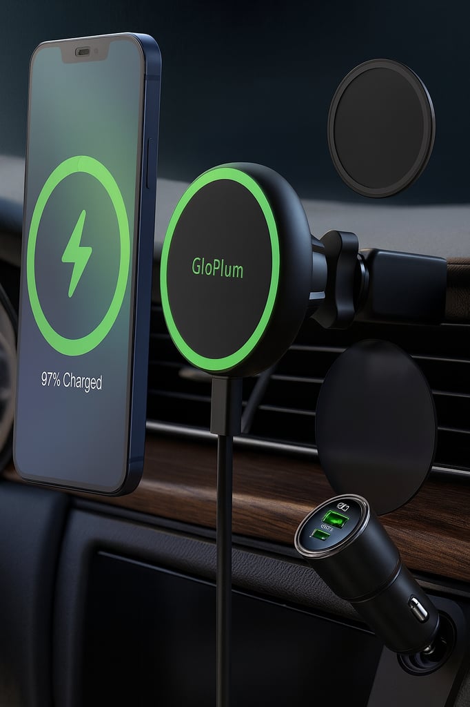 GloPlum magnetic wireless car charger mounted on a car air vent with a smartphone attached, showing 97% charged. The charger glows with a green LED ring, connected to a dual-port USB car adapter on a dashboard with wood grain and black leather accents.
