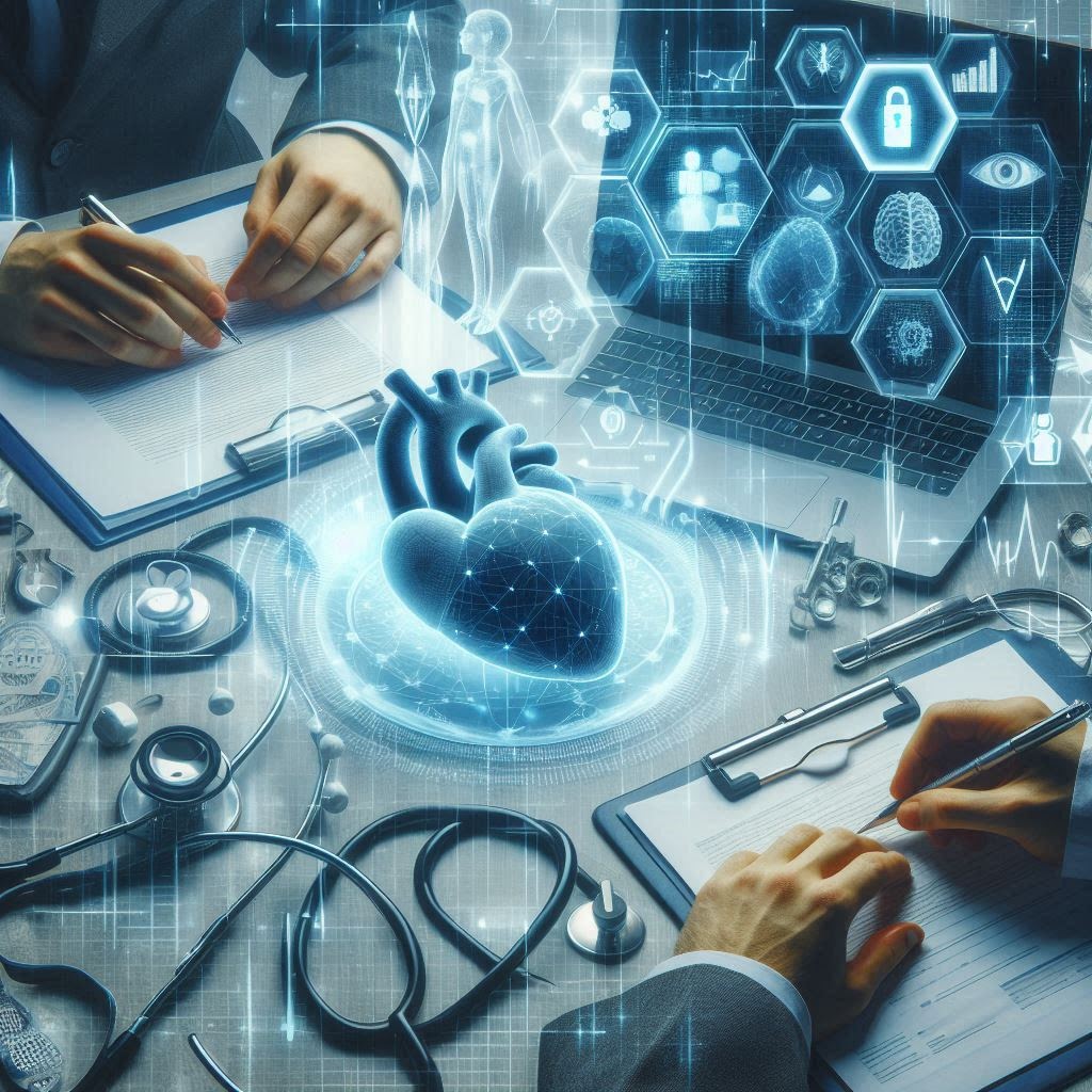 Futuristic healthcare desk with doctors filling forms, a holographic 3D heart model, and a laptop showing privacy icons like a padlock—visualizing data privacy and secure electronic health records.