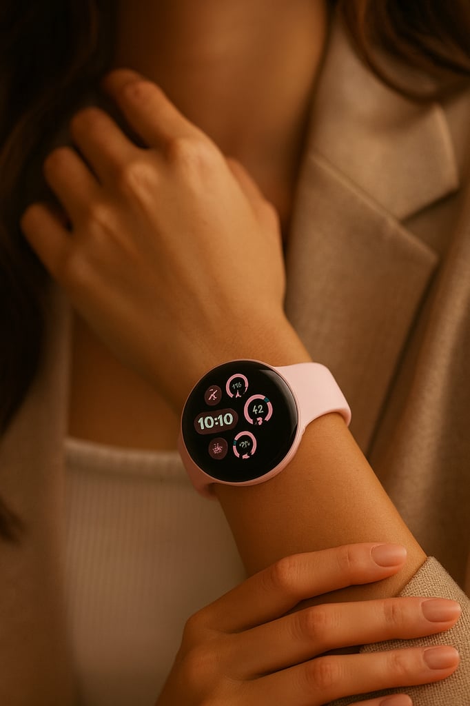 Ultra-realistic close-up of a lady’s wrist wearing the Google Pixel Watch 3 with a pink sports band, showing a glossy circular display with health tracking widgets and time 10:10.