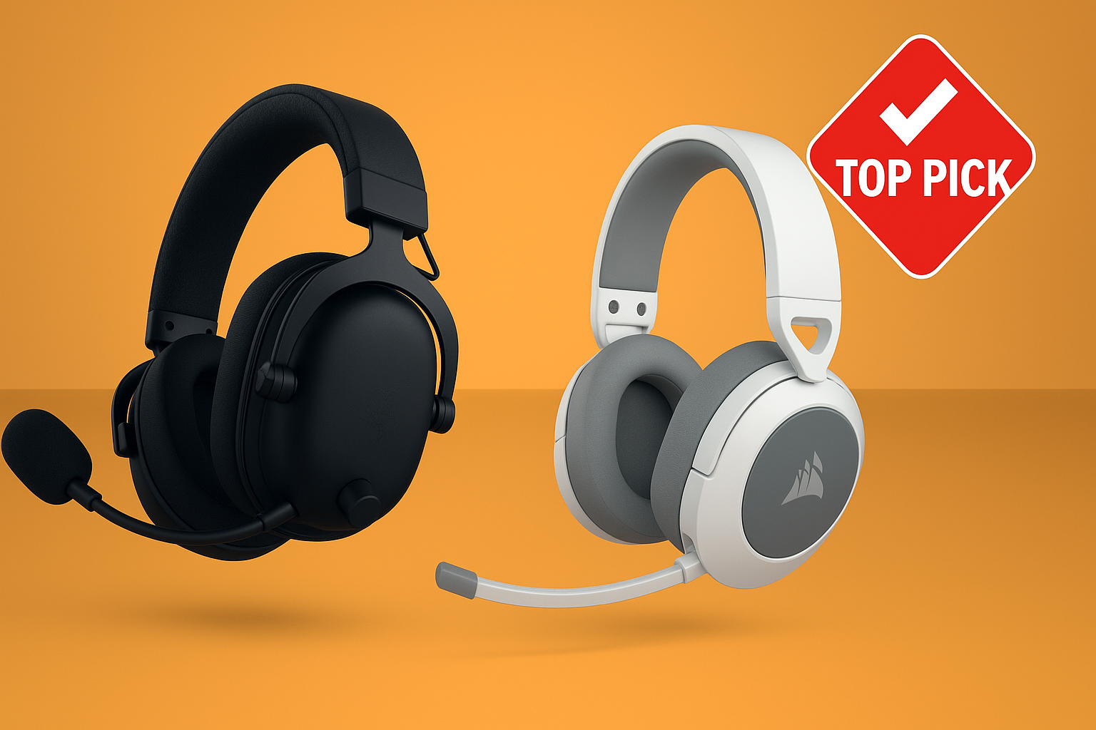 Ultra-realistic professional image of two gaming headsets placed side by side on an orange gradient background. The black headset on the left features a padded headband and boom microphone, while the white headset on the right has a sleek modern design with cushioned ear cups and a detachable mic. A red Top Pick badge with a checkmark is displayed in the upper right corner.