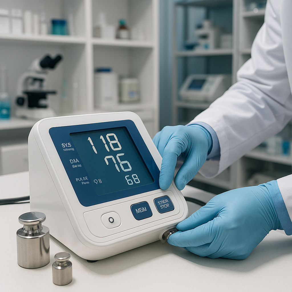 A laboratory technician wearing blue gloves fine-tuning the calibration knob of a digital blood pressure monitor on a white lab bench, with calibration weights beside the device and a clean, well-organized background of microscopes, shelves, and medical instruments, emphasizing precision and professionalism.