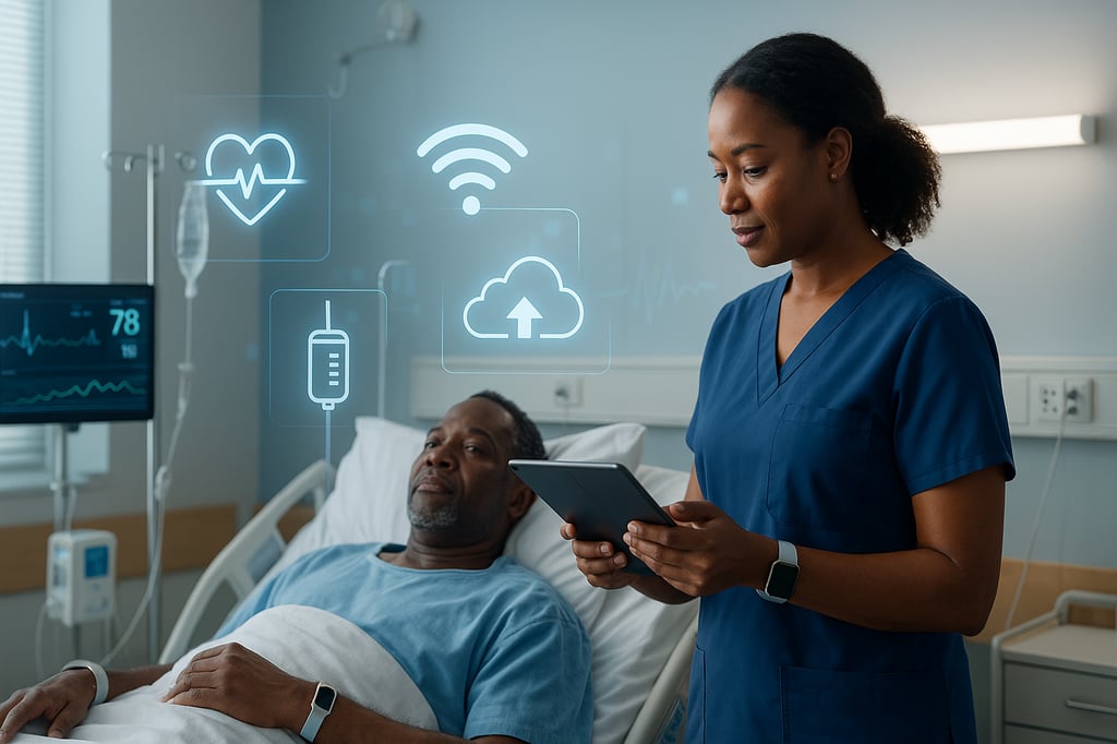 Nurse reviewing a patient’s vitals on a tablet while floating IoT health icons—heart rate, Wi-Fi, and cloud sync—visualize connected care in a modern hospital room.