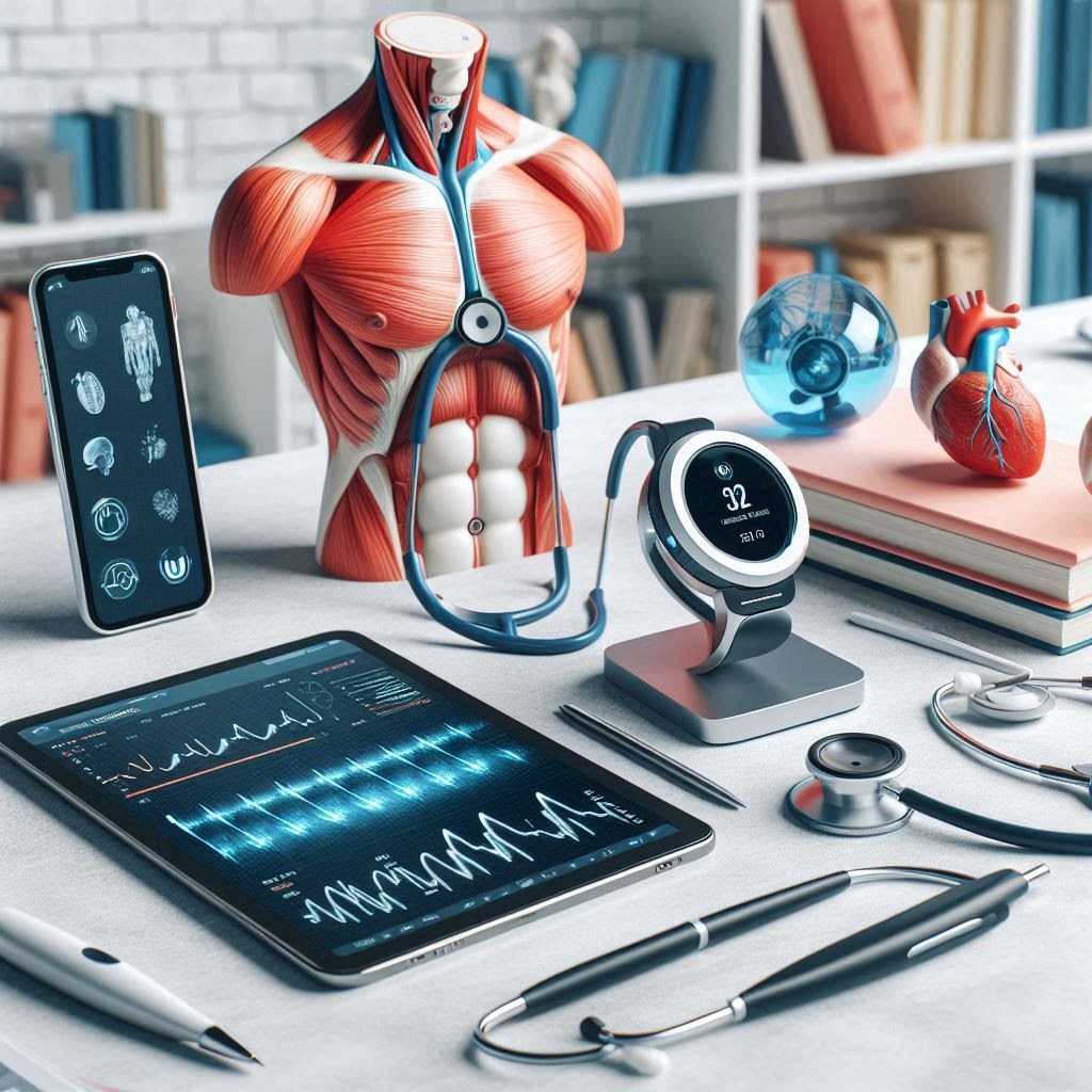 Top health gadgets for medical students: tablet showing ECG traces, smartwatch with SpO2 readout, smartphone health app, stethoscopes, digital pen, anatomical torso model, heart model, and textbooks on a study desk.