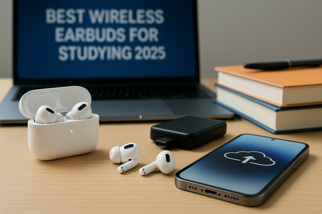 Wireless earbuds with charging case placed on a study desk alongside a smartphone, books, and a laptop—illustrating the best wireless earbuds for studying in 2025.