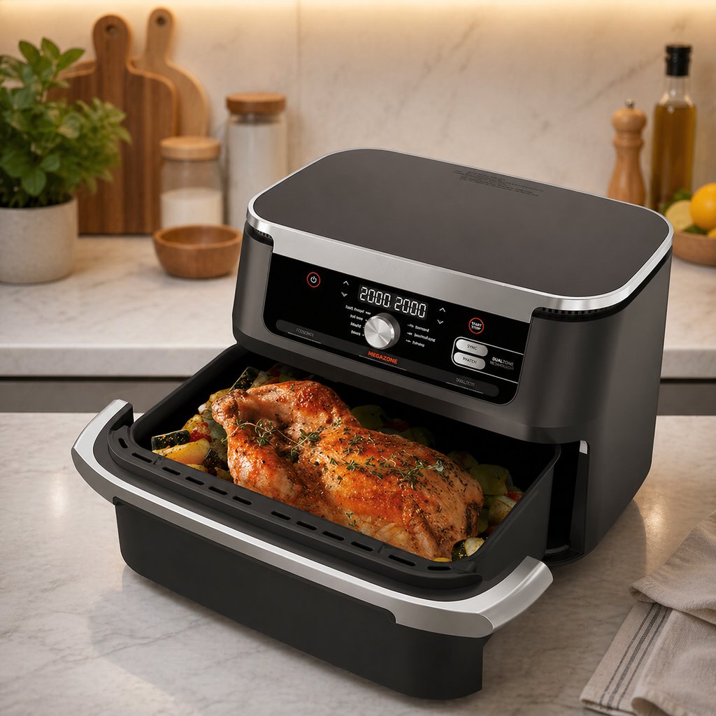 Large capacity modern air fryer with roasted chicken in basket placed on a stylish kitchen countertop, ideal for family cooking and large meals