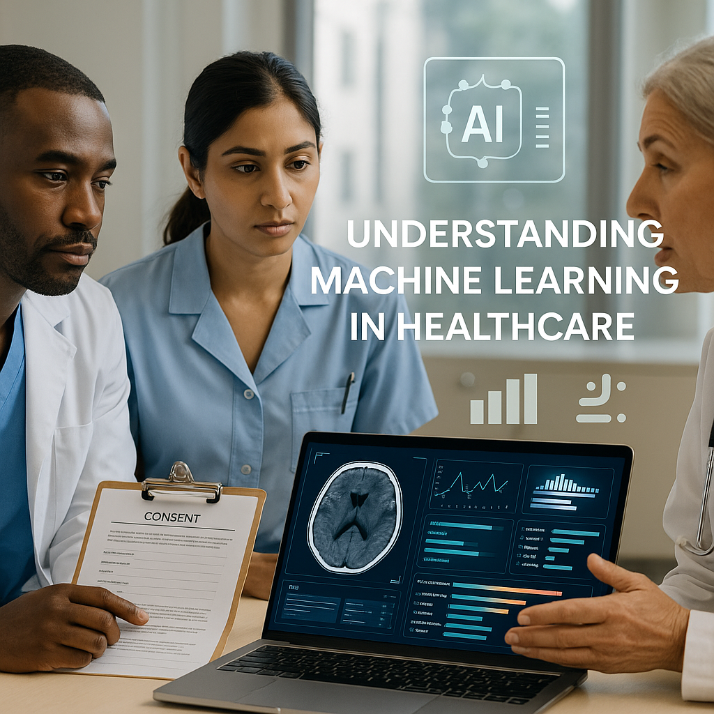 Understanding Machine Learning in Healthcare: doctors reviewing medical scans and AI data visualizations on a laptop, illustrating how artificial intelligence supports diagnosis and patient care.