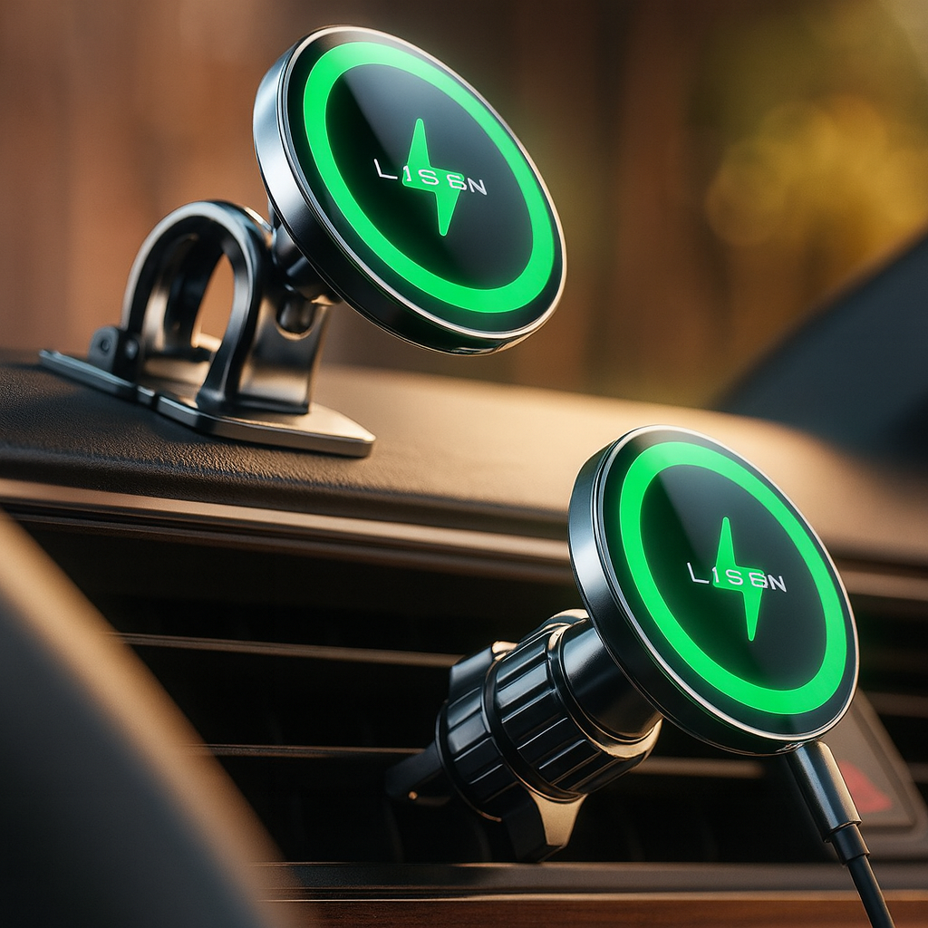 Two LISEN magnetic wireless car mounts installed inside a vehicle, one clipped to the air vent and the other secured on the dashboard; both feature metallic frames, black glossy faces, and illuminated green LED rings, set against a softly blurred, warm-toned car interior background.