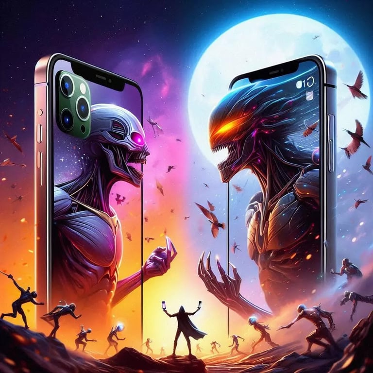 Vibrant sci-fi illustration of two smartphones facing each other, each showing a cybernetic alien head—one in warm orange-pink tones, the other in cool blue—while small figures and birds move across a surreal moonlit landscape.