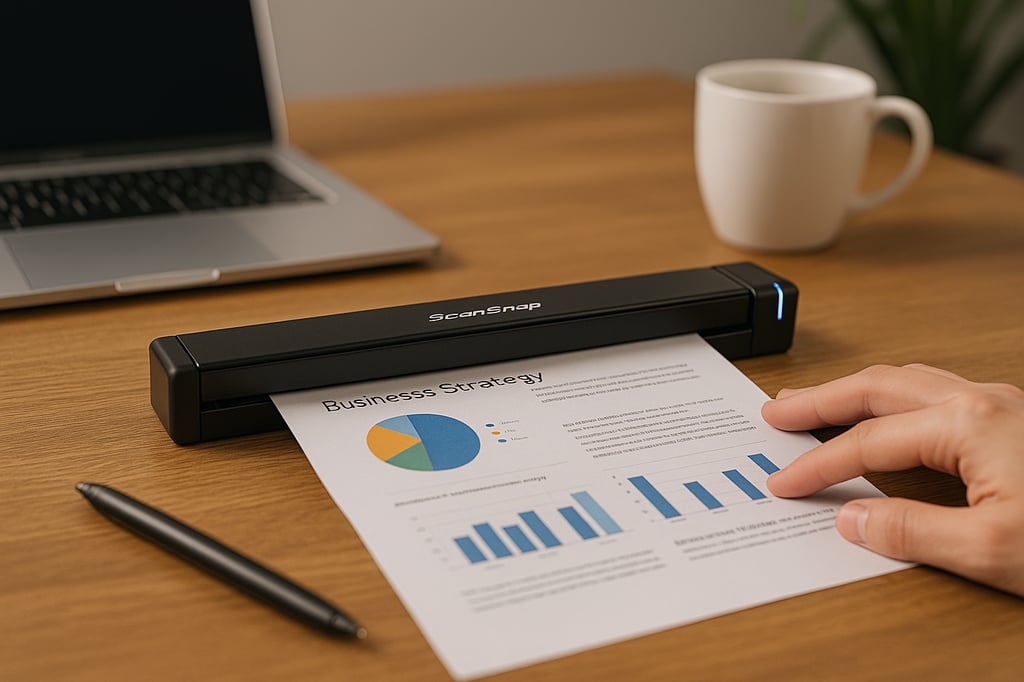 Fujitsu ScanSnap portable scanner actively scanning a color business document with charts and graphs on a wooden office desk. A laptop, coffee mug, and pen are visible in the background, creating a professional workspace setup.