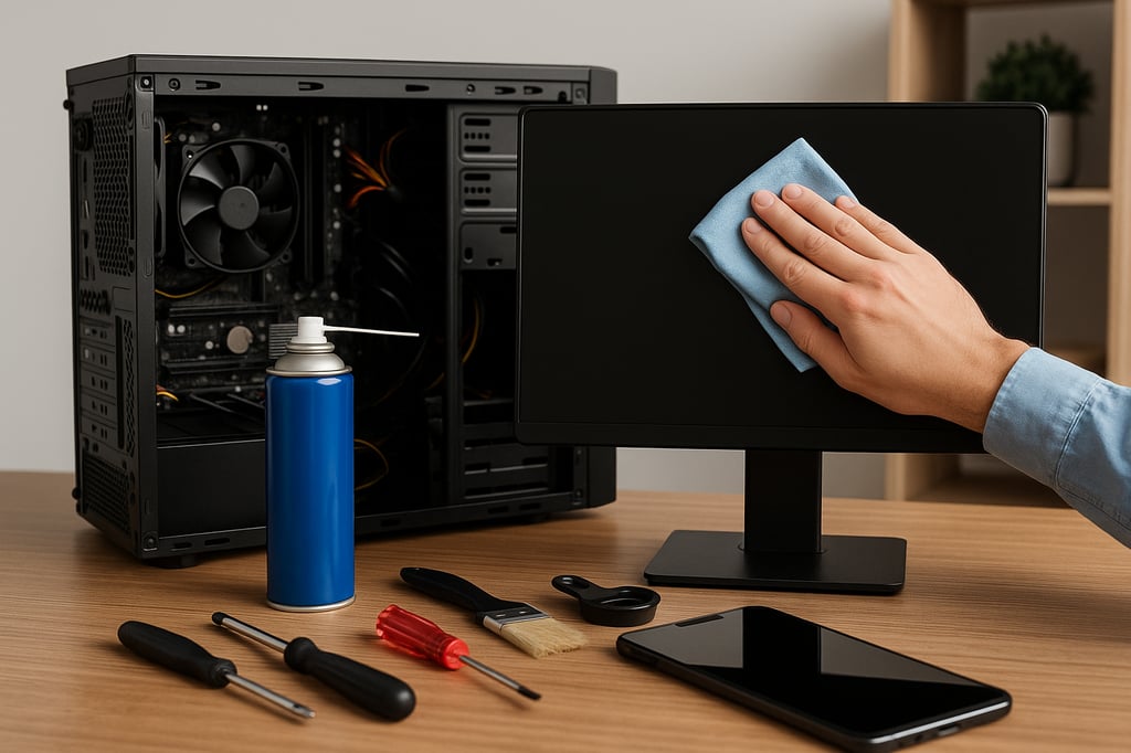 PC maintenance setup showing an open desktop case, cooling fan, compressed air can, tools, and a person cleaning the monitor with a microfiber cloth.
