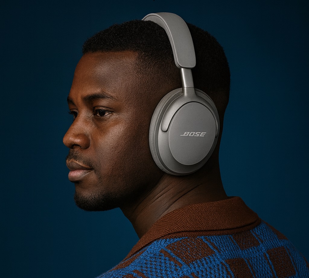 Three-quarter profile portrait of a young Black man wearing silver Bose QuietComfort Ultra over-ear headphones, looking left against a deep blue studio background, with a blue-and-brown textured knit sweater visible.