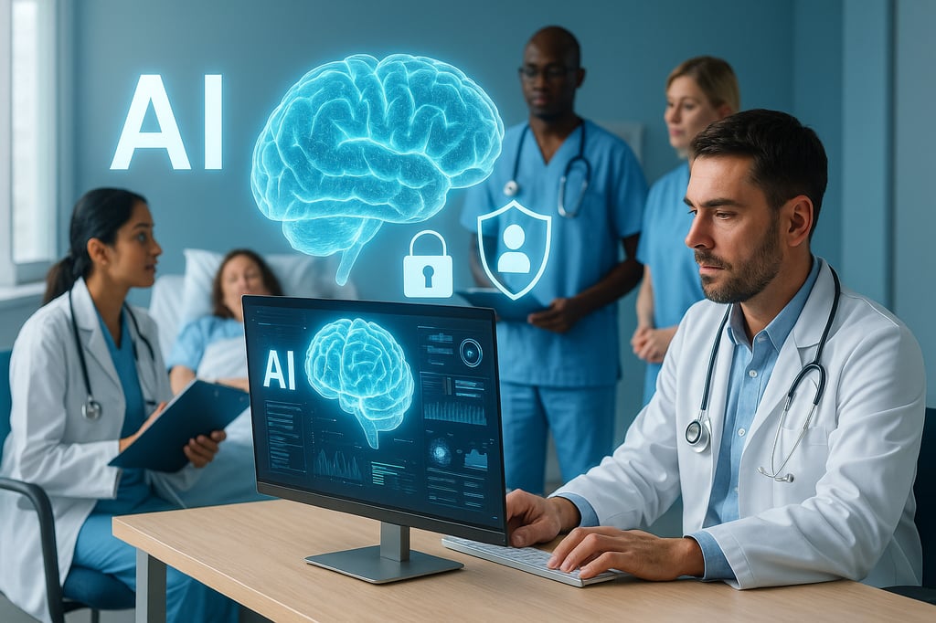 Artificial Intelligence in healthcare: doctor working at a computer with AI brain holograms while a medical team attends to a patient in the background, symbolizing data-driven diagnosis, security, and patient care.