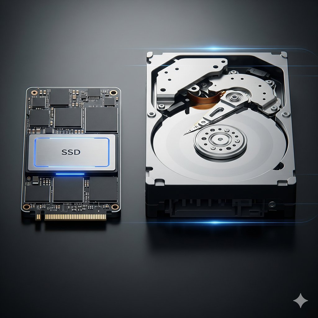 A side-by-side comparison of an internal solid-state drive (SSD) and an internal hard disk drive (HDD) on a dark, reflective surface. The SSD is a sleek, black circuit board on the left with a prominent (SSD) label, while the HDD on the right is larger and shows its internal mechanical components, including a spinning platter and a read/write head. Light trails around the HDD emphasize its motion, contrasting with the stationary design of the SSD.