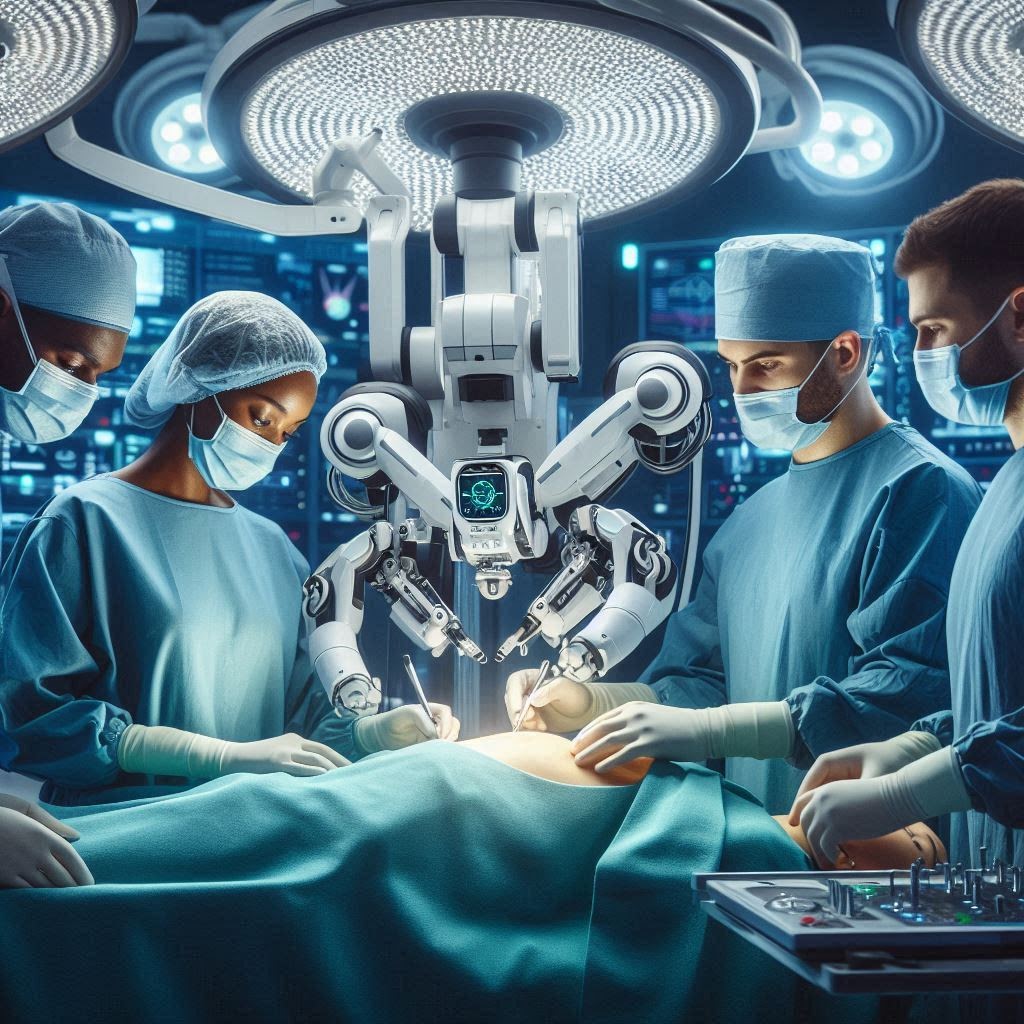Robotic-assisted surgery in a modern operating theatre: multi-arm surgical robot working with a focused team of masked surgeons under bright surgical lights.
