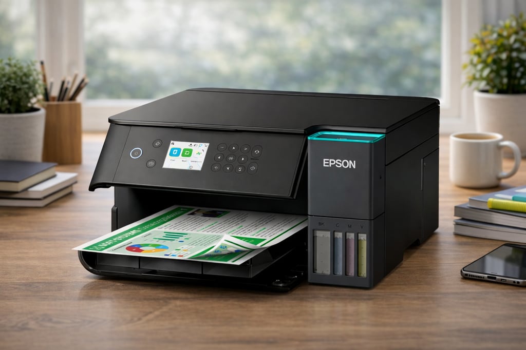 Epson EcoTank printer on a wooden desk in a sunlit home office, printing a color document; ink tanks are visible on the right side, with a blurred window view, books, a plant, and a coffee mug in the background.
