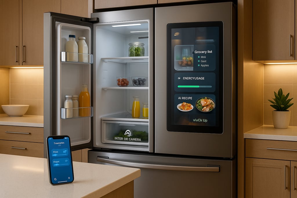 Smart stainless-steel French-door refrigerator in a modern kitchen; the left door is open to a neatly organized interior, while a large touchscreen on the right door shows a grocery list, energy-usage bar, and AI recipe suggestions. A smartphone on the counter displays the companion app for temperature control.