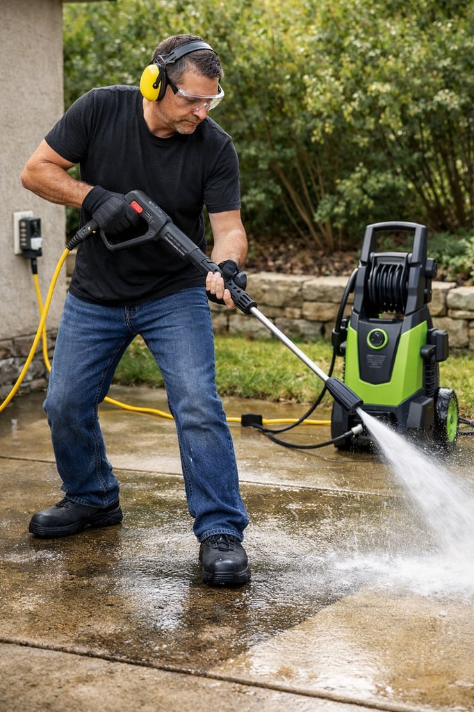 High-pressure cleaning in action with a modern electric pressure washer: user holds the wand firmly with both hands, keeps a safe distance and steady stance, and wears safety goggles, ear protection, and slip-resistant shoes; GFCI cord visible for electrical safety.