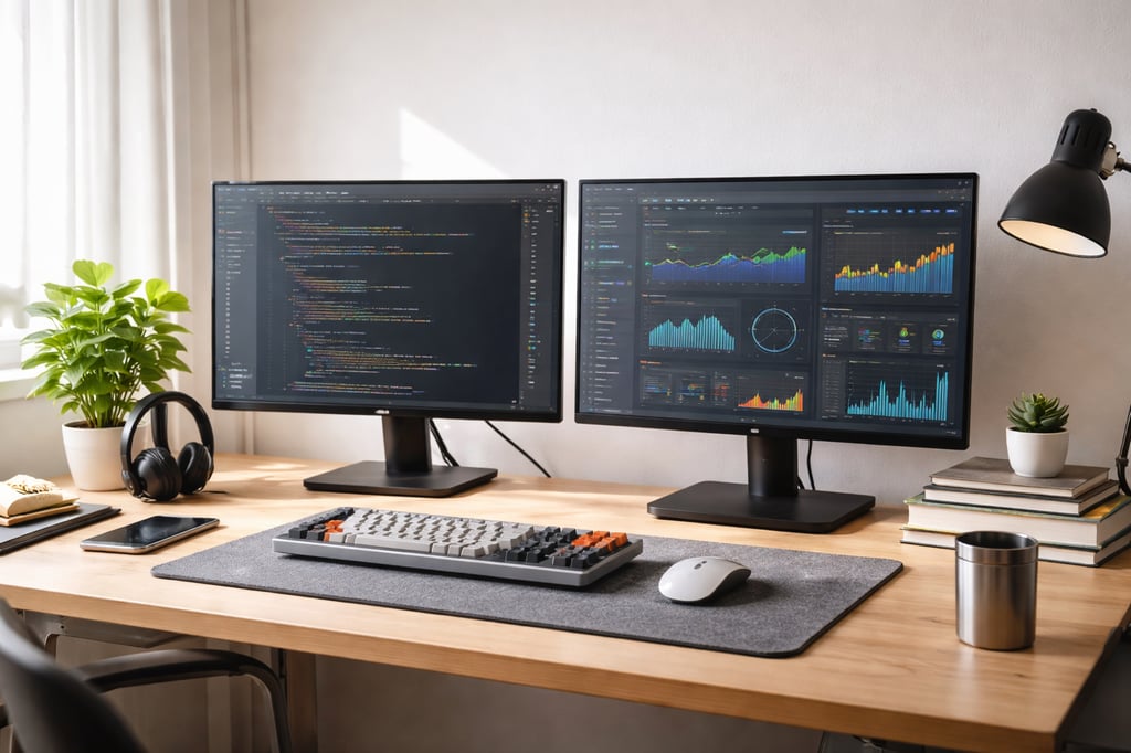 Ultra-realistic budget study and coding setup with dual monitors on a wooden desk, showing a code editor and analytics dashboard, with keyboard, mouse, notebook, and desk lamp in natural daylight.