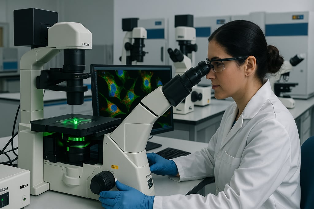 Female medical laboratory scientist working with a Nikon Eclipse microscope, observing fluorescently labeled cells displayed on a monitor in a modern clinical lab.