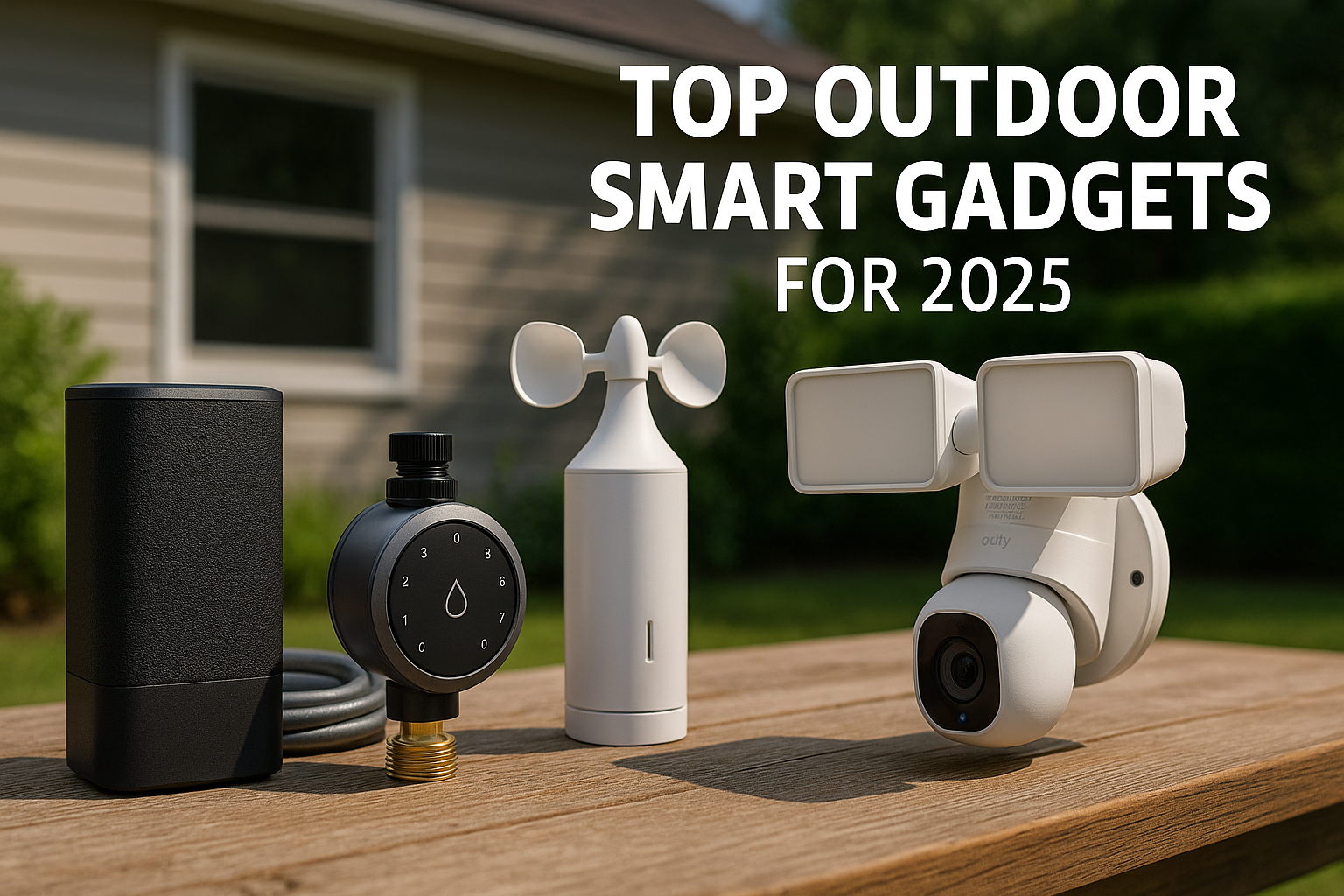 Ultra-realistic professional image showcasing top outdoor smart gadgets for 2025. The gadgets displayed on a wooden surface include a black smart speaker, a digital water timer, a white weather station, and a white floodlight security camera. In the background, a suburban home and greenery are softly blurred, with bold text reading 'Top Outdoor Smart Gadgets for 2025'.